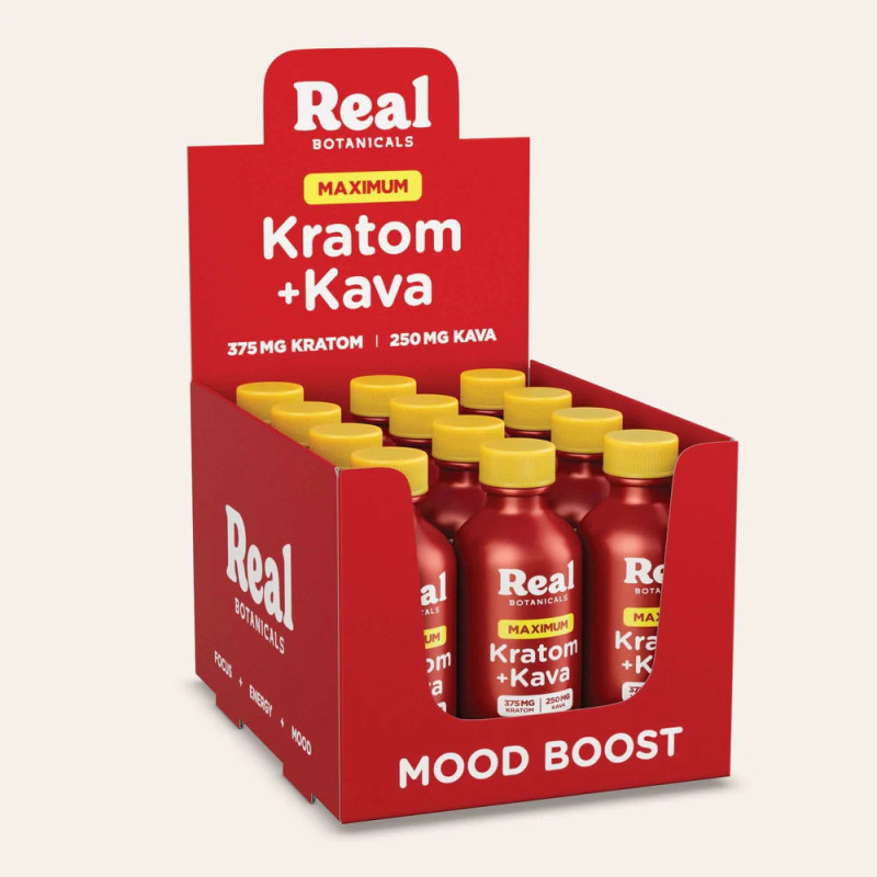 Real Botanicals Kratom (375mg) + Kava (250mg) Maximum Mood Boost Shot 2oz (12)