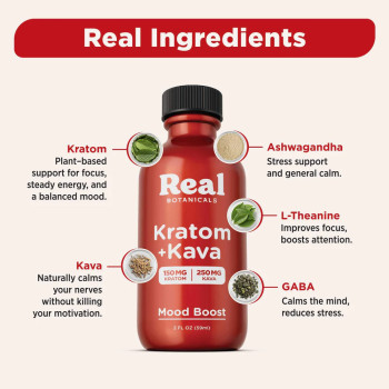 Real Botanicals Kratom (150mg) + Kava (250mg) Mood Boost Shot 2oz (12)