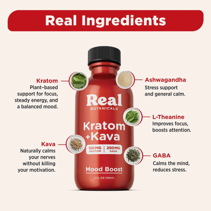 Real Botanicals Kratom (150mg) + Kava (250mg) Mood Boost Shot 2oz (12)