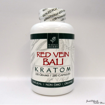 Whole Herbs Premium Red Vein Bali Kratom All Natural Organic Capsules (250ea)